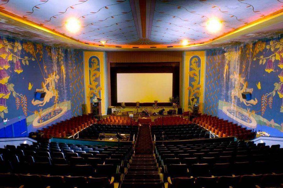 Looking at the stage of the El Rey Theater from the balcony